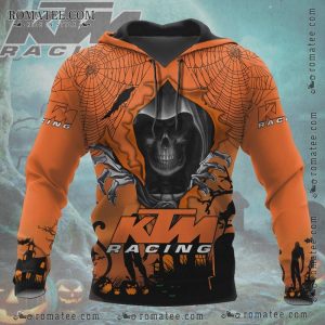 KTM Racing Halloween Skull Hoodie with Spider Web and Pumpkin Design