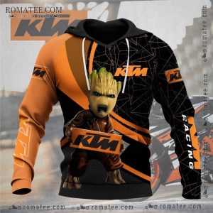 KTM Racing Hoodie with Baby Groot Graphic, Orange and Black Motorcycle Theme, Romatee.com