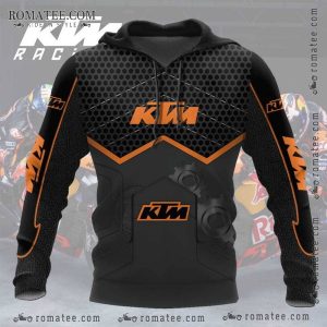 KTM Racing Hoodie with Gear Design and Hexagonal Pattern – Black and Orange