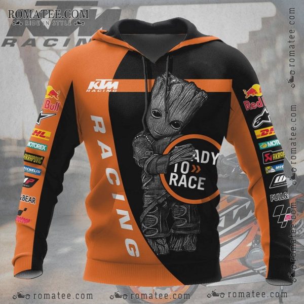 KTM Racing Hoodie with Groot, Red Bull, DHL, Michelin Logos, Ready to Race Text, Orange and Black Design