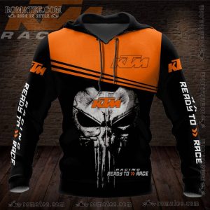 KTM Racing Skull Graphic Hoodie with Bold Orange Stripes and Edgy Design