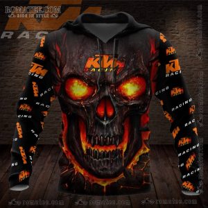 KTM Racing Skull Hoodie with Fiery Skull Graphic Design and Bold Logo Accents