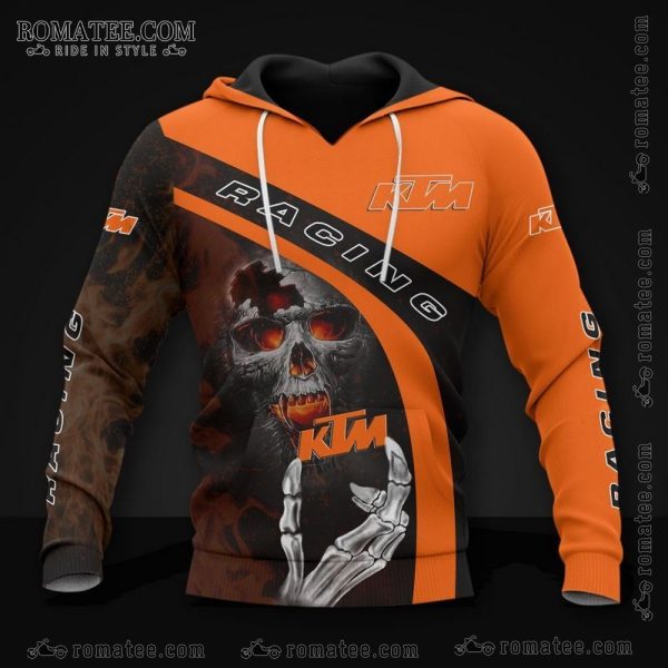 KTM Racing Skull Hoodie with Skeleton Hand and Glowing Eyes Design