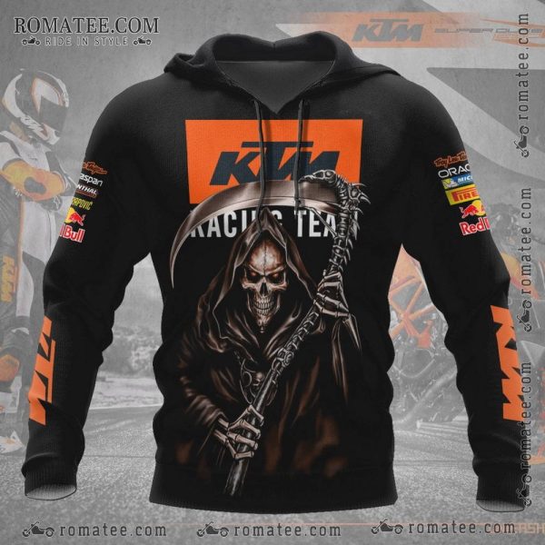 KTM Racing Team Grim Reaper Hoodie with Sponsor Logos and Motorcycle Graphics