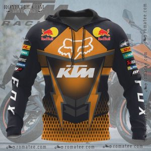 KTM Racing Team Hoodie with Red Bull and Fox Sponsor Logos, Black and Orange Motifs