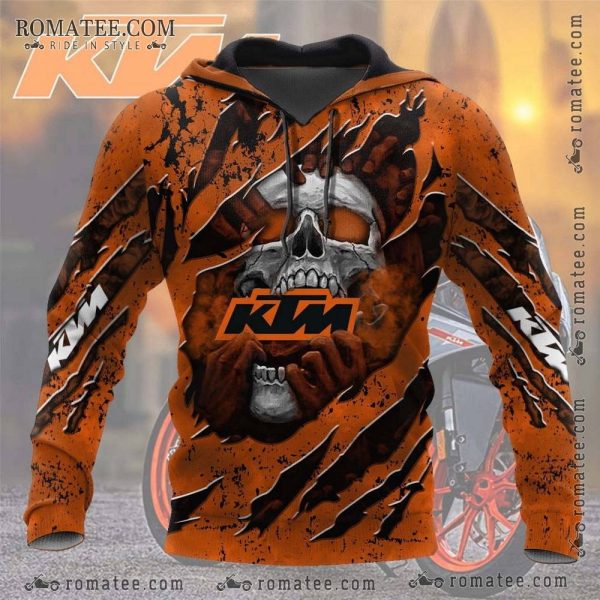 KTM Skull Graphic Hoodie with Distressed Art and Bold Orange Design