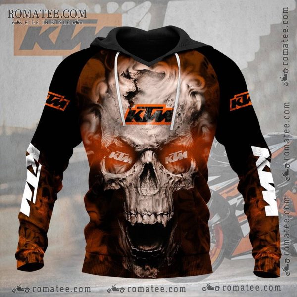 KTM Skull Graphic Hoodie with Fiery Design for Motorcycle Enthusiasts