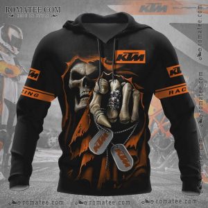 KTM Skull Hand Dog Tag Hoodie with Motorcycle Design and Orange Accents