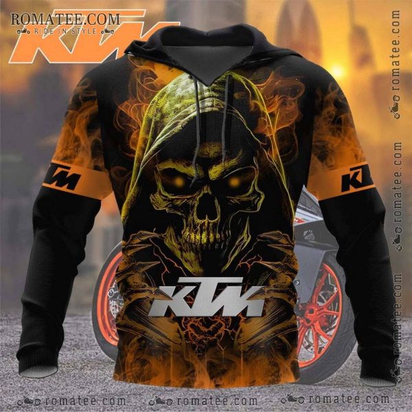 KTM Skull Hoodie with Fiery Graphic Design for Motorcycle Enthusiasts