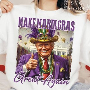 Make Mardi Gras Great Again Shirt – Purple Suit, Beads, Feather Hat, White House Background