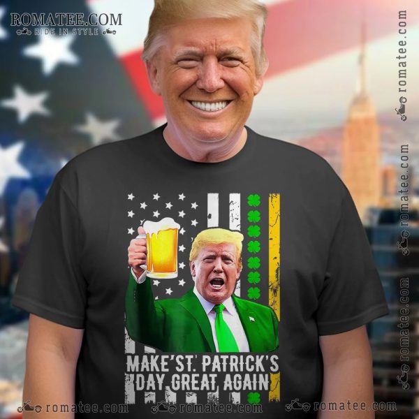 Donald Trump Make St Patrick’s Day Great Again T-Shirt with Beer and Shamrock Design