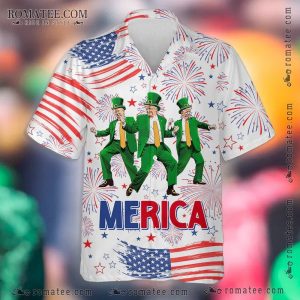 Merica Patriotic Shirt with Fireworks and Dancing Leprechauns Design