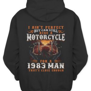 Motorcycle Enthusiast Hoodie for 1983 Man with Vintage Rider Graphic Design