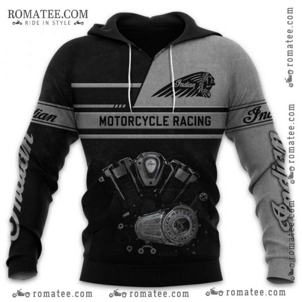 Motorcycle Racing Hoodie with Vintage Indian Motorcycle Engine Graphic Design