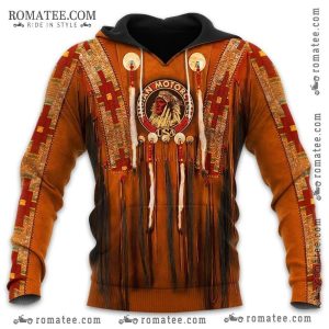 Native American Patterned Hoodie with Indian Chief Emblem and Beaded Feather Accents