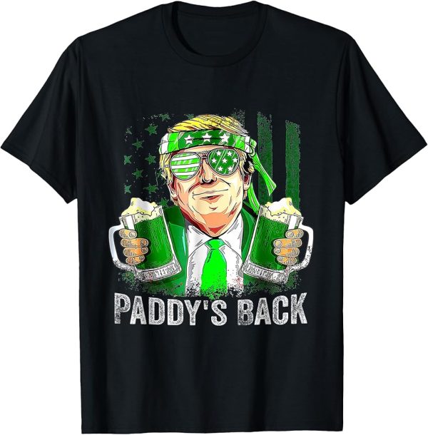 Paddy’s Back St. Patrick’s Day T-Shirt with Vintage Trump Graphic and Beer Mugs