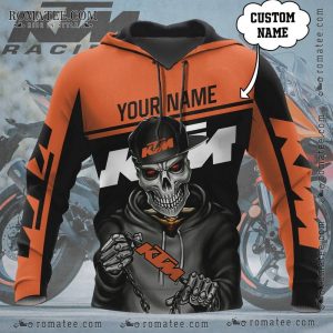 Personalized KTM Skeleton Hoodie – Custom Name, Biker Graphic, Orange & Black Design.