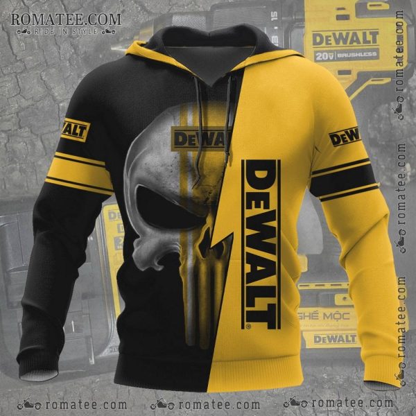 Punisher Skull Dewalt Black Yellow Split Hoodie with Logo and Tool Graphics