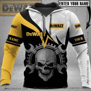 Skull Graphic Custom Name DeWalt Tools Hoodie with Gear Motif and Bold Design