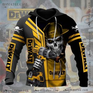 Skull Graphic Dewalt Drill Hoodie with Industrial Design and Bold Construction Theme