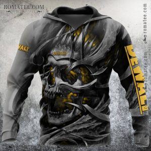 Skull and Flames Graphic Hoodie with DeWalt Branding in Dark Gray and Yellow