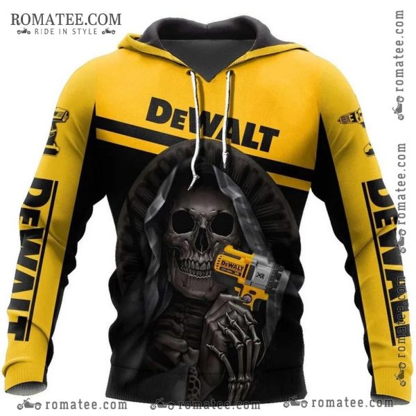 Smiling Death Skull Dewalt Drill Hoodie with Grim Reaper Art and Bold Yellow Design