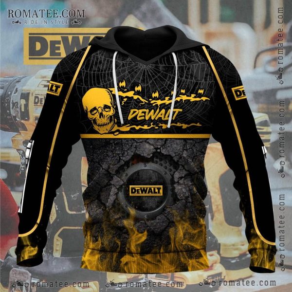 Spider Web Skull Design Dewalt Hoodie – Grunge Industrial Art with Bold Yellow Accents