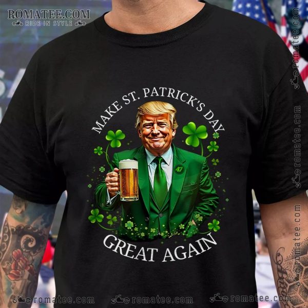 St. Patrick’s Day Donald Trump Beer Graphic Tee with Shamrocks and Green Suit Design