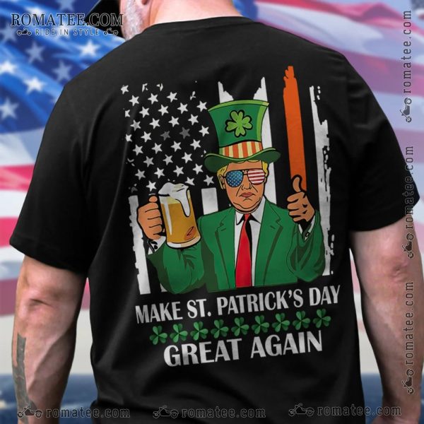 St. Patrick’s Day Patriotic Leprechaun Beer T-Shirt with American Flag Design