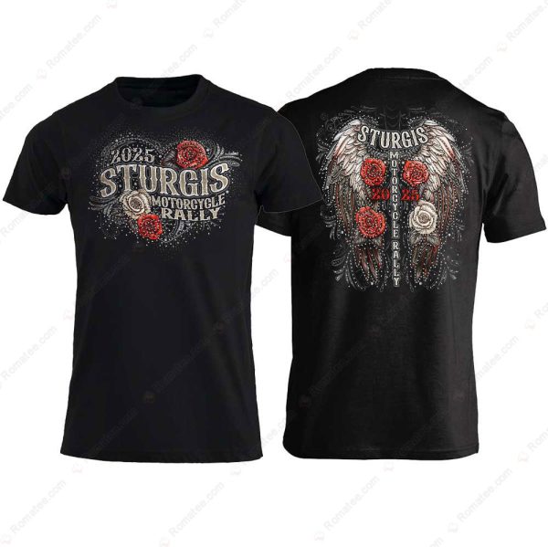 Sturgis Motorcycle Rally 2025 Wings and Roses Black T-Shirt, 2025 Sturgis Rally Biker T-Shirt