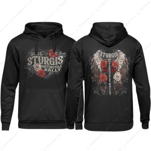 Sturgis Motorcycle Rally 2025 Wings and Roses Black T-Shirt, 2025 Sturgis Rally Biker T-Shirt