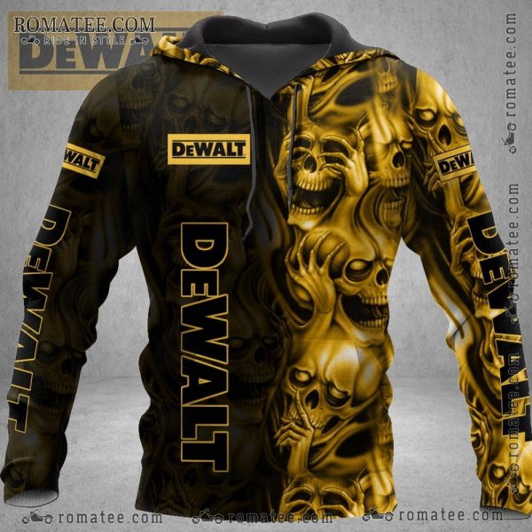 Thee Wise Skulls Hear No See No Evil DeWalt Hoodie – Gothic Skull Art, Intricate Design, Bold Yellow and Black, DeWalt Branding