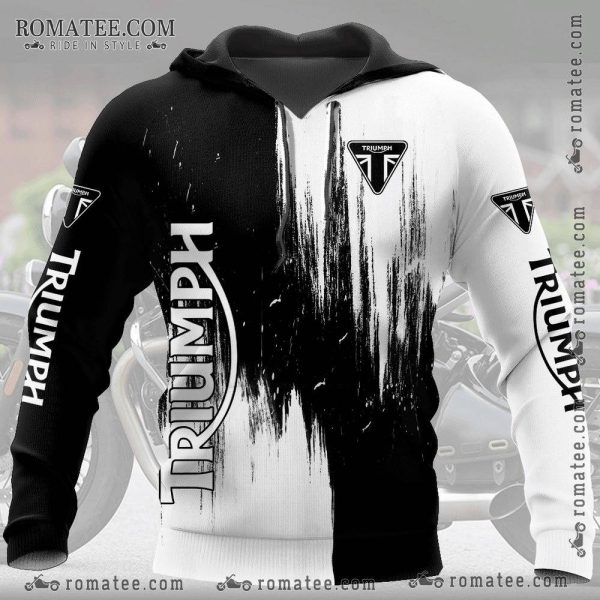 Triumph Black and White Brushstroke Hoodie with Logo Graphics for Motorcycle Enthusiasts