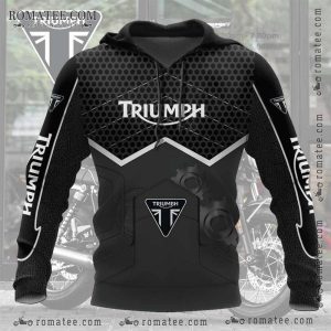 Triumph Motorcycle Gear Graphic Hoodie with Engine Design and Hexagonal Pattern