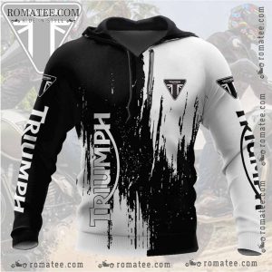 Triumph Motorcycle Paint Splatter Black White Hoodie with Vertical Sleeve Print