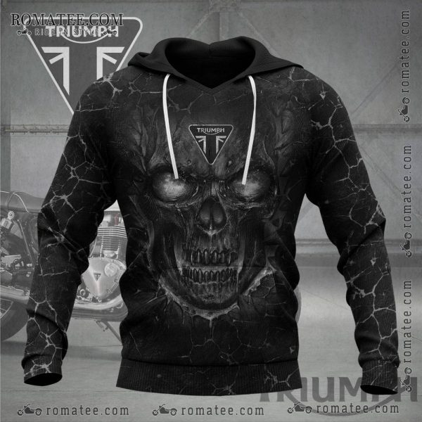 Triumph Skull Hoodie Cracked Texture Motorcycle Gothic Biker Design