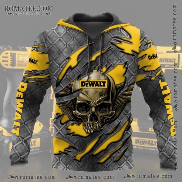 Winged Skull Design Dewalt Hoodie with Industrial Metal Art and Bold Yellow Accents