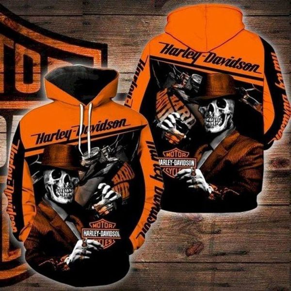 Biker Skull Harley-Davidson Graphic Hoodie with Vintage Motorcycle Art and Bold Orange Design