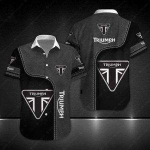 Black and Gray Triumph Motorcycle Theme Hawaiian Shirt with Bold Logo and Sleek Design