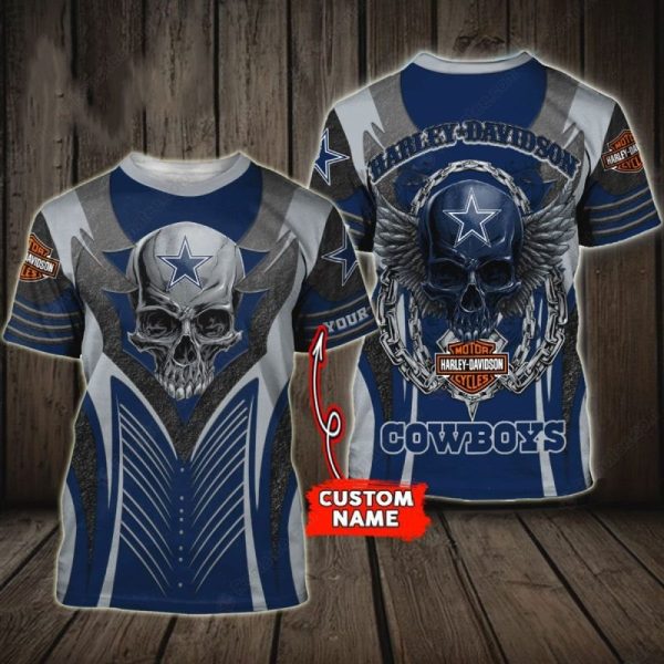 Custom Name Dallas Cowboys Skull Winged Harley-Davidson T-Shirt Design
