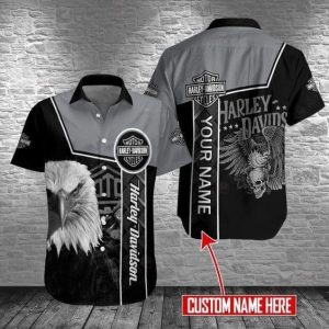 Custom Name Harley-Davidson Eagle Skull Graphic Hawaiian Shirt for Men