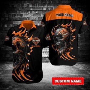 Custom Name Harley-Davidson Fire Skull Graphic Hawaiian Shirt with Flame Details