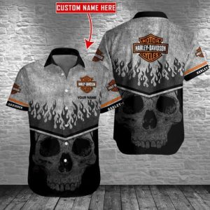 Custom Name Harley-Davidson Flame Skull Shirt – Bold Skull Art with Fiery Flames Design