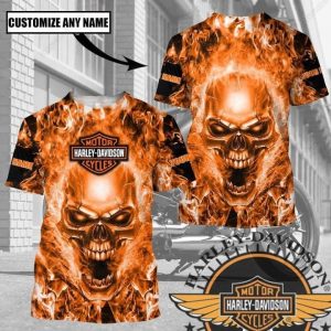 Custom Name Harley Davidson Flaming Skull Graphic Tee – Bold Motorcycle Art Design