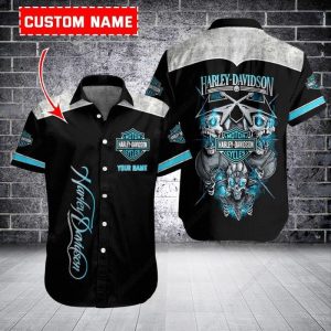 Custom Name Harley-Davidson Skull & Pistons Graphic Hawaiian Shirt for Bikers