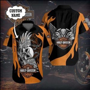 Custom Name Harley-Davidson Winged Skull Engine Graphic Hawaiian Shirt