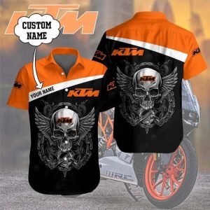 Custom Name KTM Skull Wings Chain Hawaiian Shirt – Bold Skull Art with Motorcycle Theme