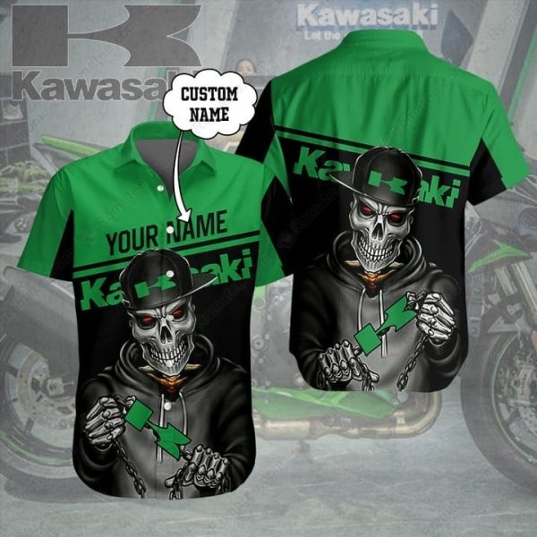 Custom Name Kawasaki Skull Biker Shirt with Chain Graphic Design