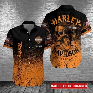 Custom Skull Graphic Harley-Davidson Hawaiian Shirt with Distressed Orange Design