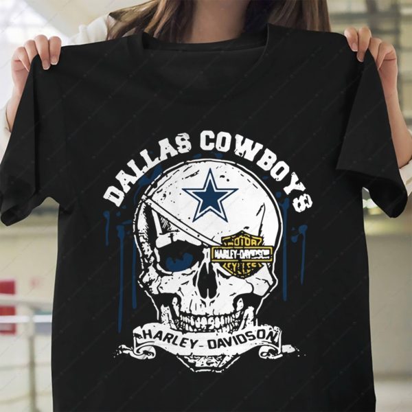 Dallas Cowboys Harley-Davidson Skull Graphic Tee with Distressed Logo Design